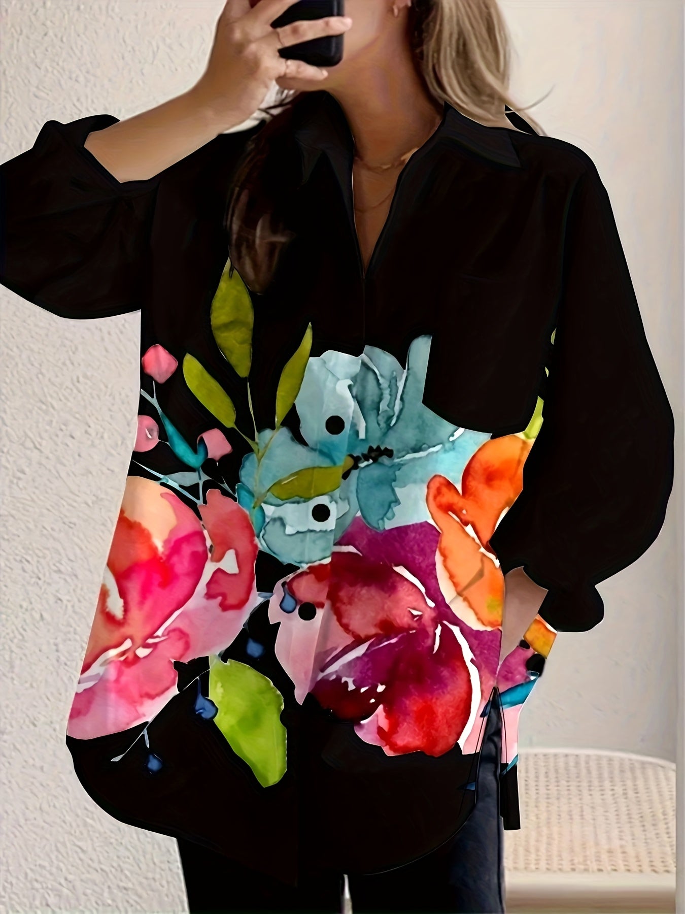 Plus Size Women's Floral Print Button-Up Casual Shirt, Vibrant Red & Pink Flowers on Navy Blue, Lightweight & Breathable for Spring & Summer, Hand Wash Only, Classic Collar Design, Spring Summer Top | Classic Collar Shirt | H